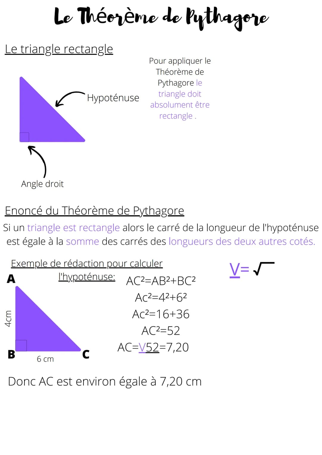 Le triangle rectangle
Le Théorème de Pythagore
4cm
Angle droit
B
Enoncé du Théorème de Pythagore
Si un triangle est rectangle alors le carré