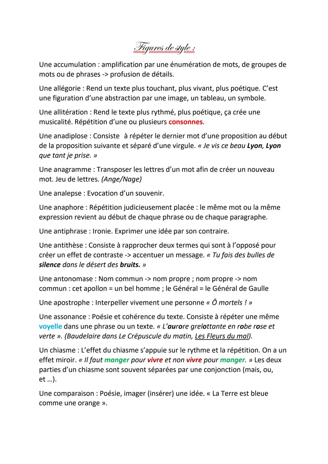 Figures de style:
Une accumulation : amplification par une énumération de mots, de groupes de
mots ou de phrases -> profusion de détails.
Un