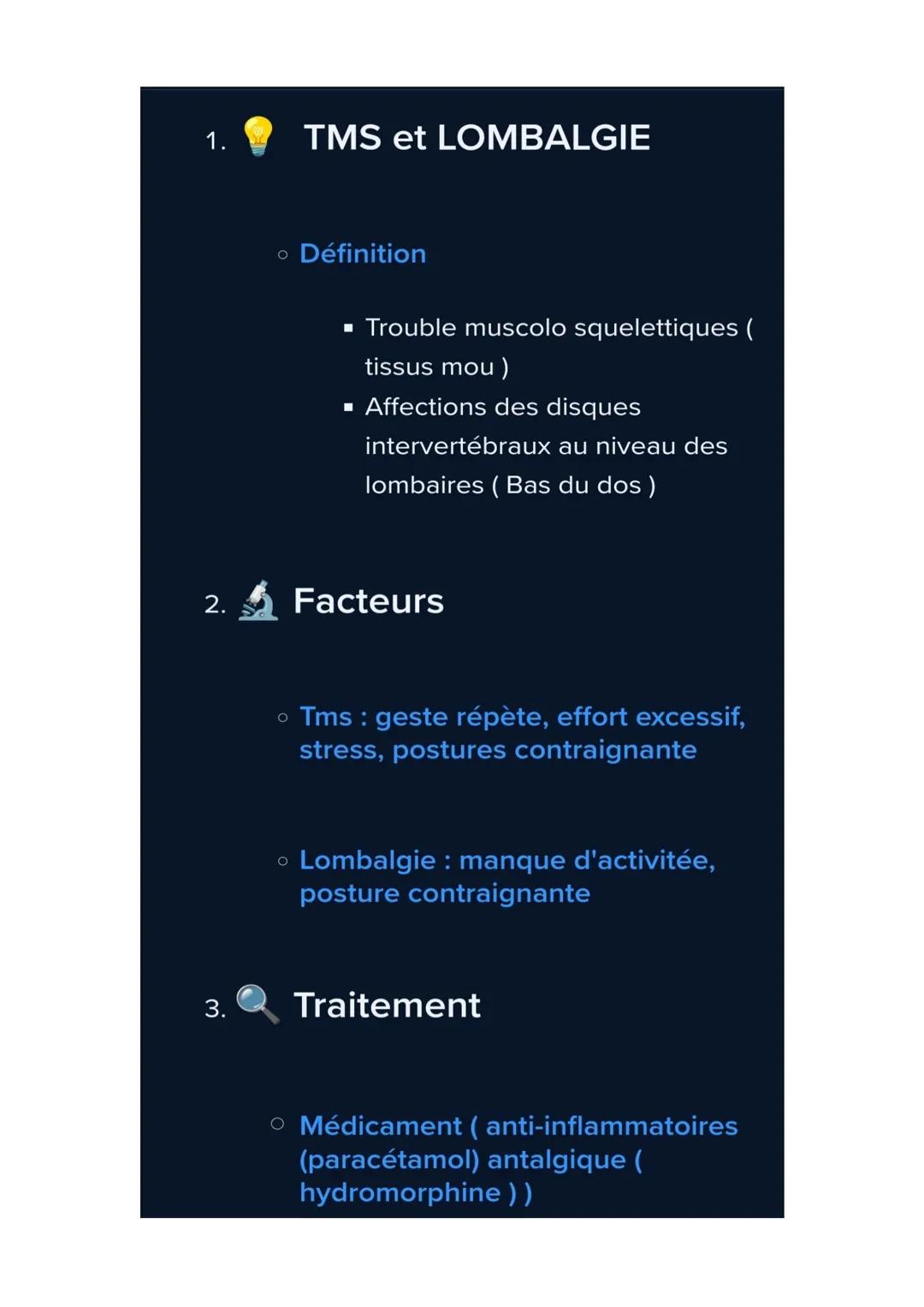 1.
2.
3.
TMS et LOMBALGIE
o Définition
▪ Trouble muscolo squelettiques (
tissus mou)
▪ Affections des disques
intervertébraux au niveau des
