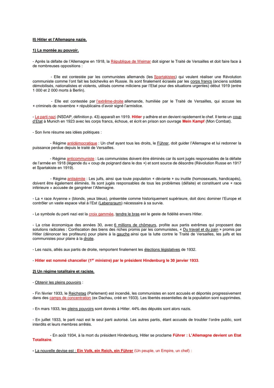 II) Hitler et l'Allemagne nazie.

1) La montée au pouvoir.

- Après la défaite de l'Allemagne en 1918, la République de Weimar doit signer l