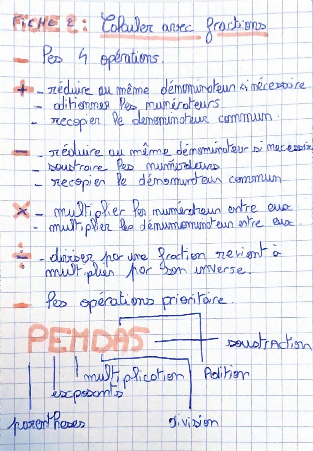 FICHE &: Colculer avec
Pes 4 opérations.
0
fractions
+ - réduire au même démeminsteur si nécespire
oditionner les numéroteurs
-
recopier le 
