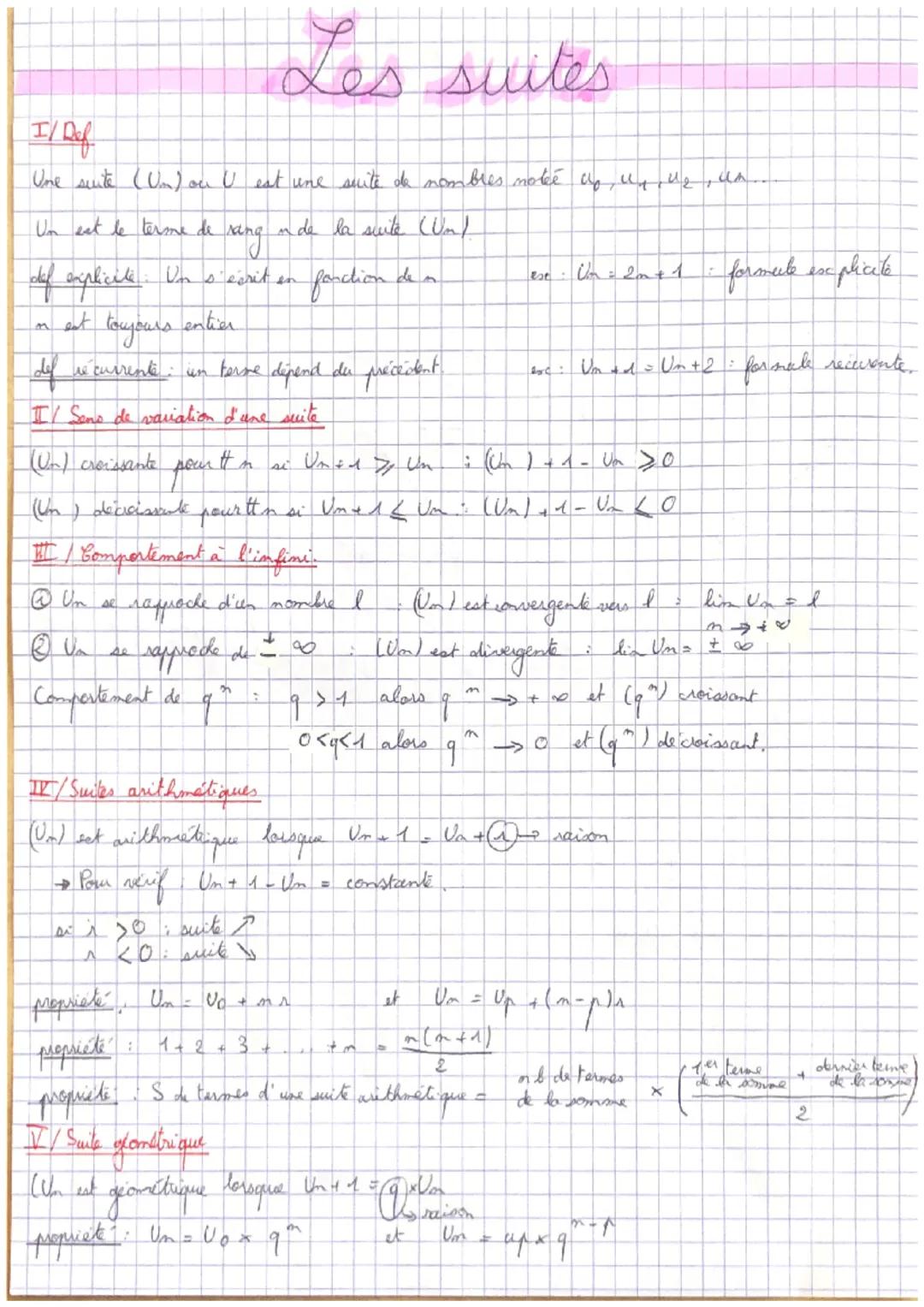 # Les suites

I/ Def

Ume suite (Un) on U est une suite de nombres notée $u_0, u_1, u_2, u_n$

Un est le terme de sang in de la suite (Um)

