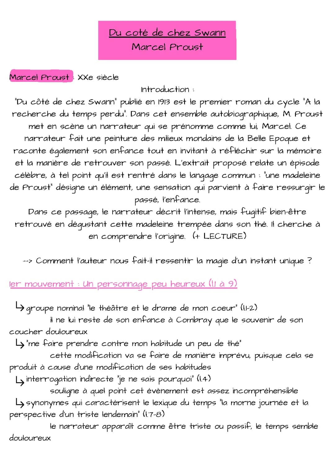 Du côté de chez Swann de Marcel Proust, lecture linéaire 