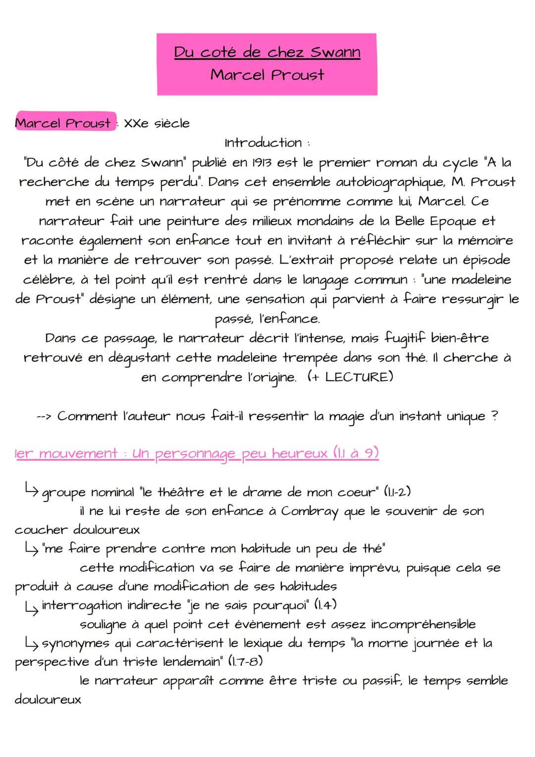 Du coté de chez Swann
Marcel Proust
Marcel Proust: XXe siècle
Introduction :
"Du côté de chez Swann" publié en 1913 est le premier roman du 