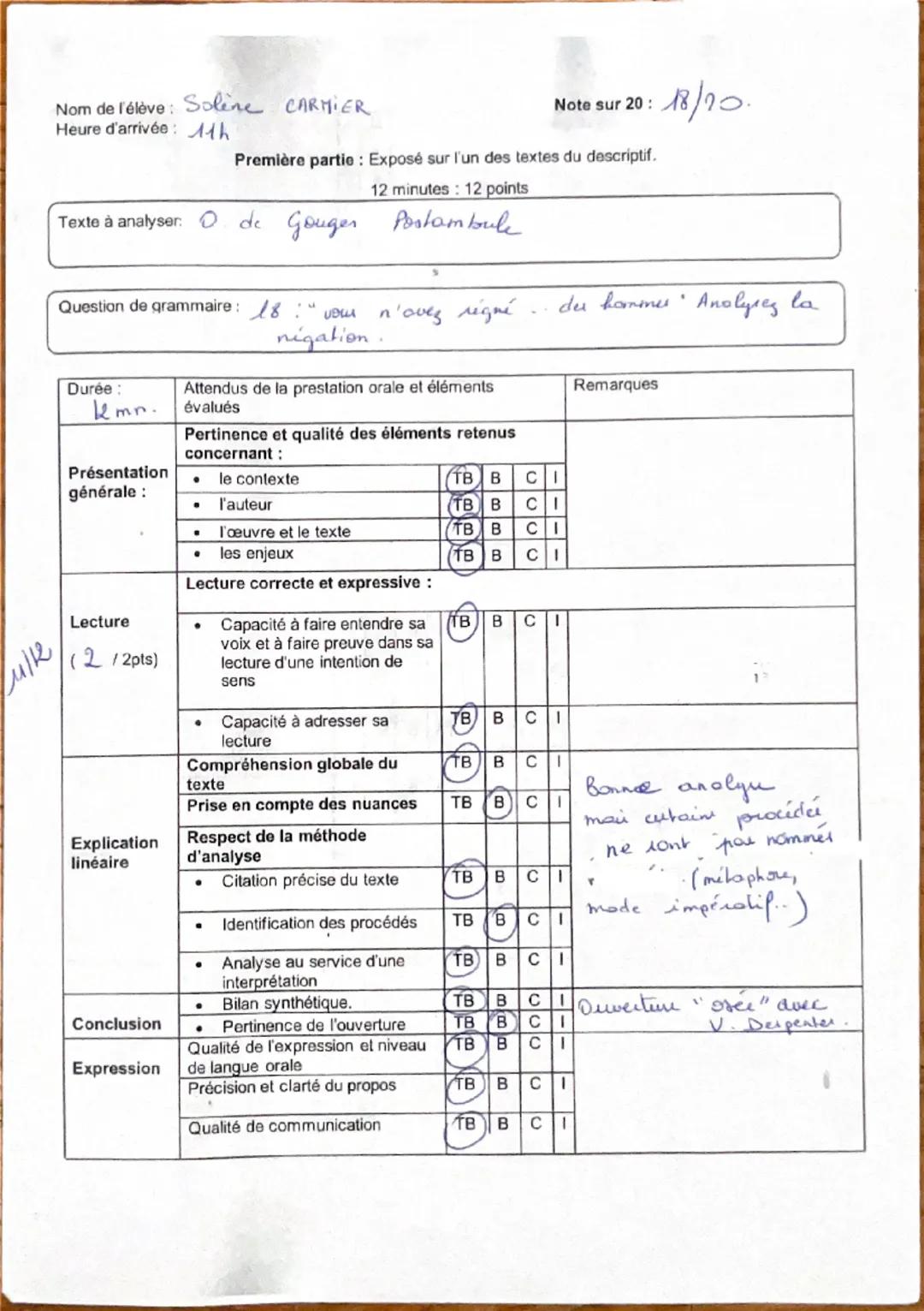 Nom de l'élève: Soline CARMIER
Heure d'arrivée: 11h
Note sur 20: 18/70.

Première partie: Exposé sur l'un des textes du descriptif.

12 minu