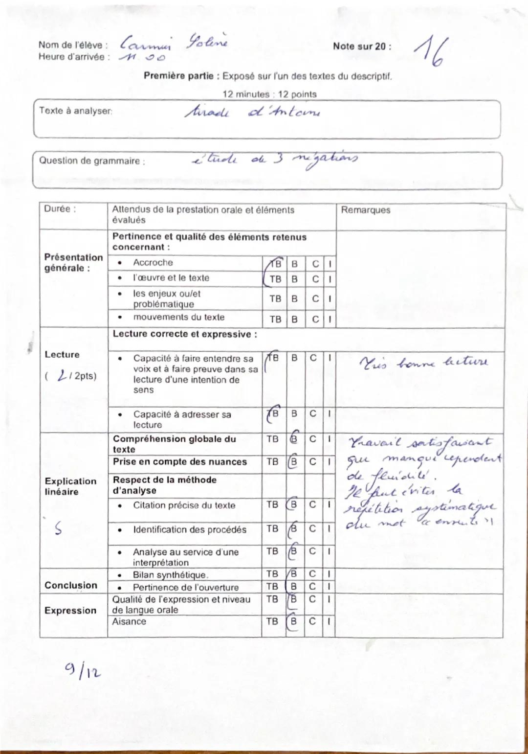 Nom de l'élève: Soline CARMIER
Heure d'arrivée: 11h
Note sur 20: 18/70.

Première partie: Exposé sur l'un des textes du descriptif.

12 minu