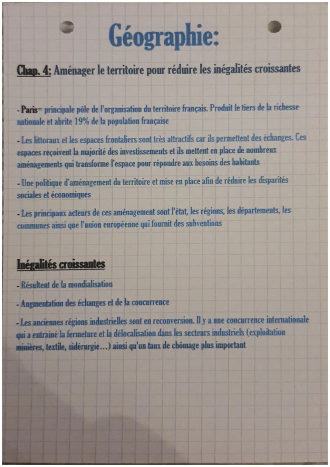 Géographie:
Chap. 4: Aménager le territoire pour réduire les inégalités croissantes
-Paris-principale pôle de l'organisation du territoire f