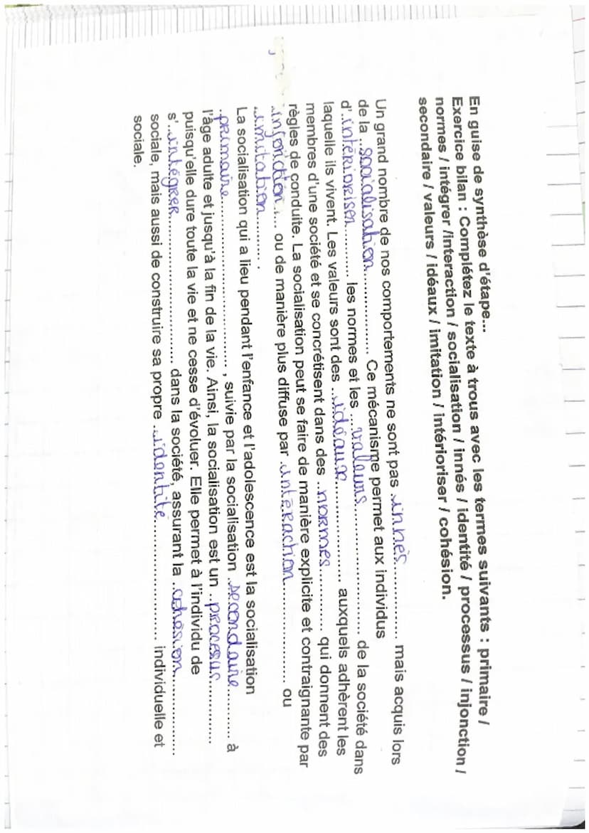 Chapitre
Comment devenons nous des acteurs et des
adrices specause ?
Definitions
SOCIALISATION : Processus par lequel un
Lindiwidi apprend a
