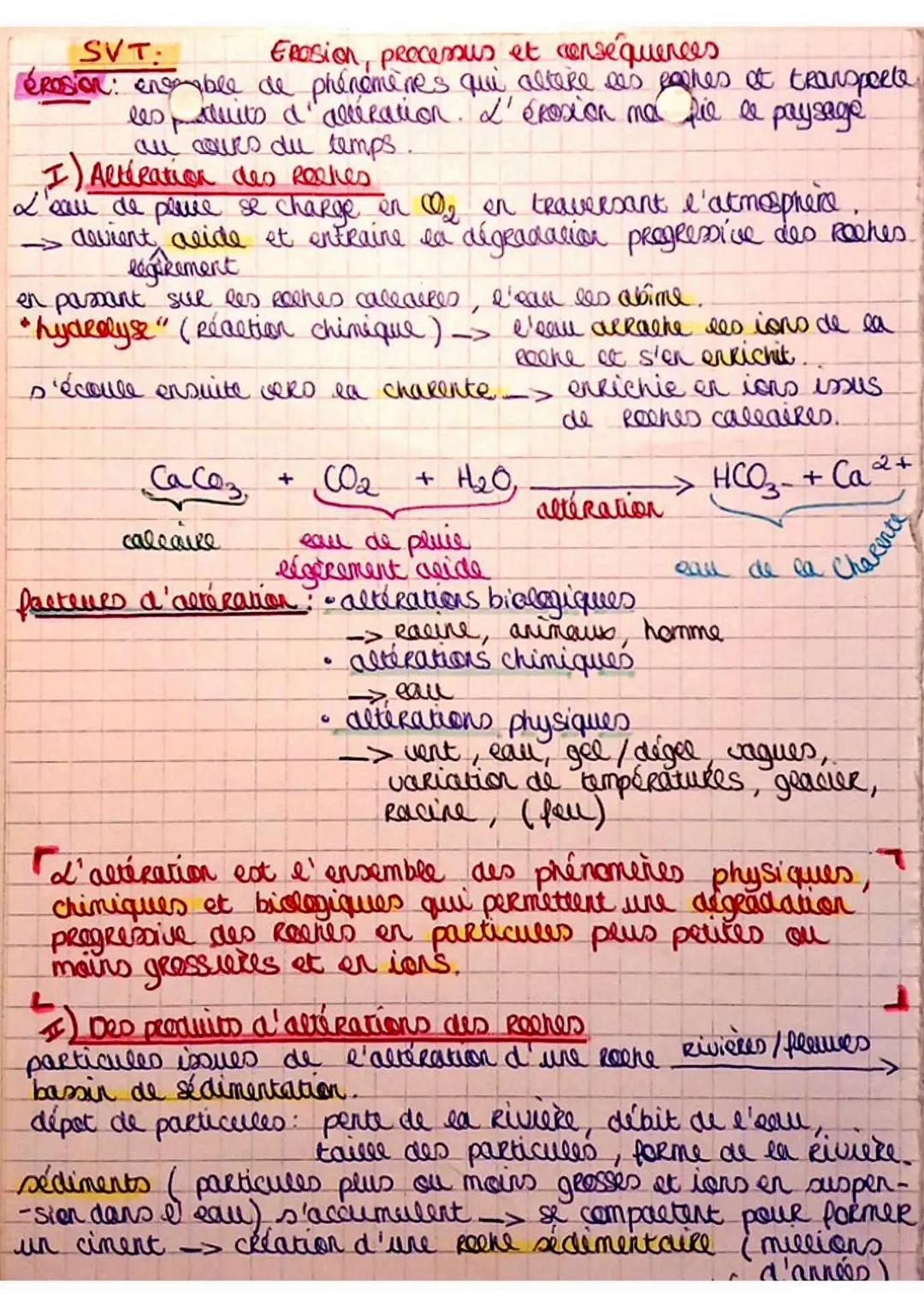 SVT:
Erosion, precessus et conséquences
**érosion**: ensemble de phénomènes qui altere ses expres et transporte
les puits d'altération. L'ér