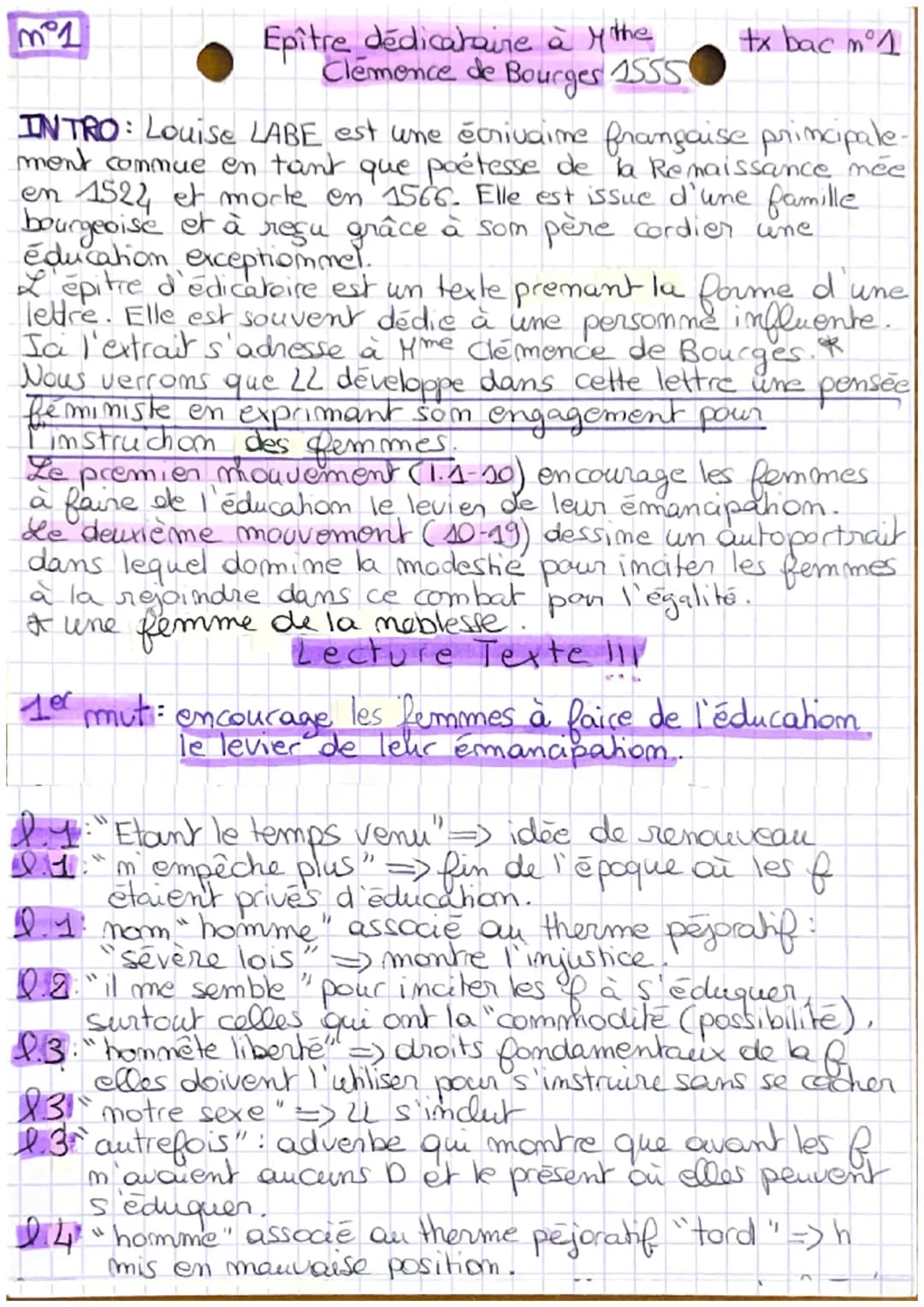 mº1
Epître dedicataire à y the
Clémence de Bourges 1555
tx bac mº1
INTRO: Louise LABE est une écrivaime française principale-
ment commue en