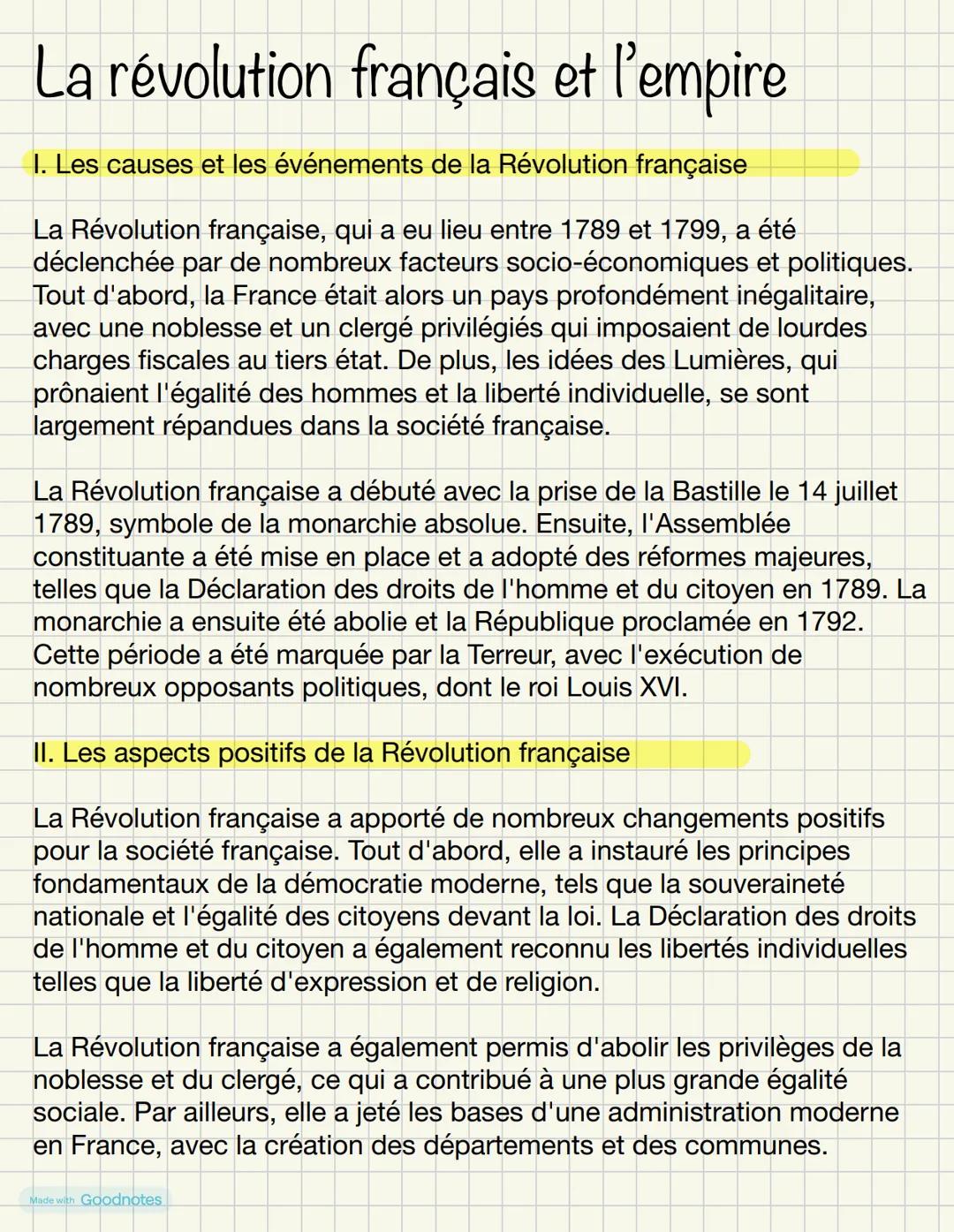 La révolution français et l'empire
I. Les causes et les événements de la Révolution française
La Révolution française, qui a eu lieu entre 1
