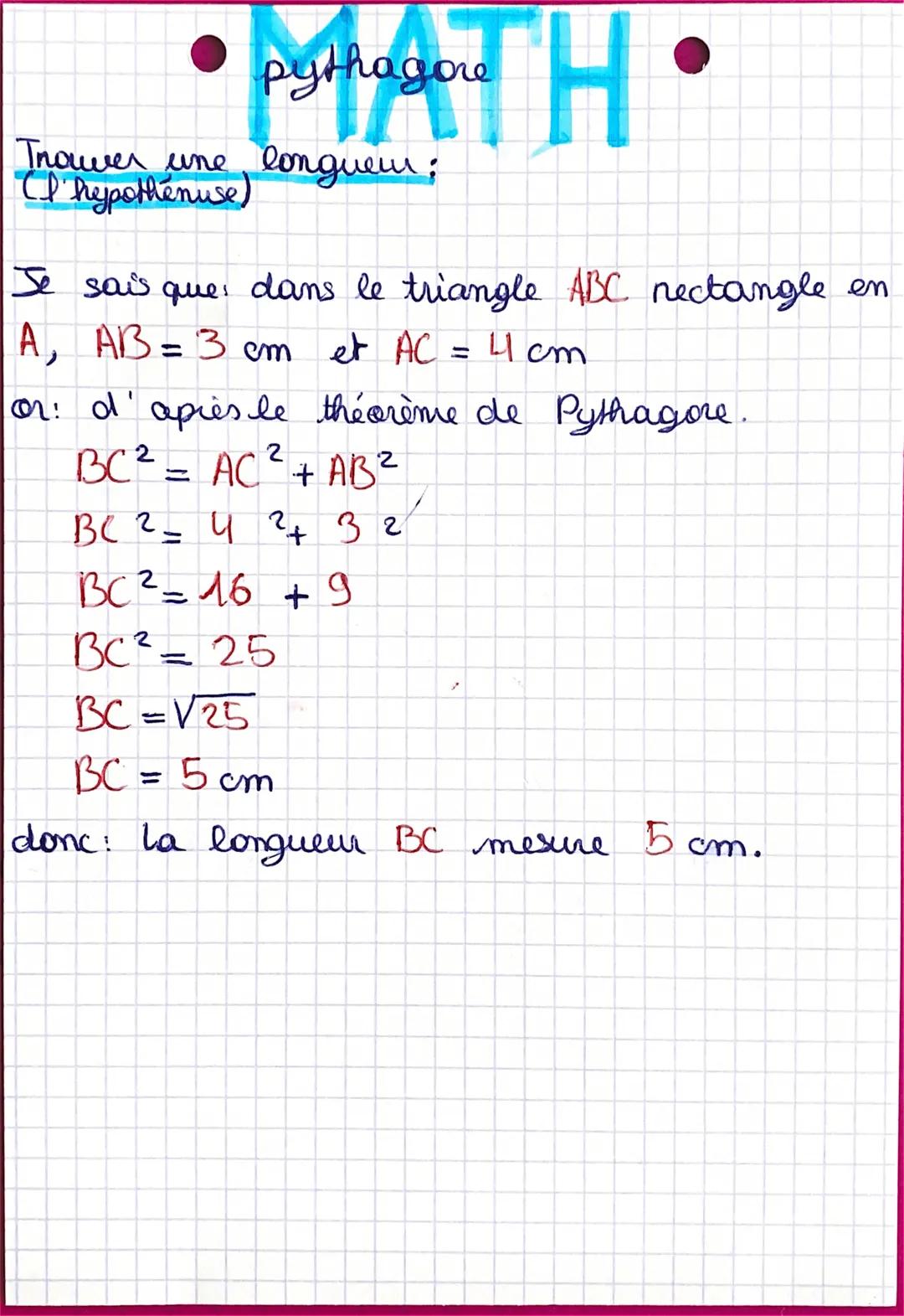 ago H
pythagore
Trouver une longueur:
(I hypothenuse)
Je sais que dans le triangle ABC nectangle en
A, AB = 3 cm et AC
et AC = 41 cm
or: d'a