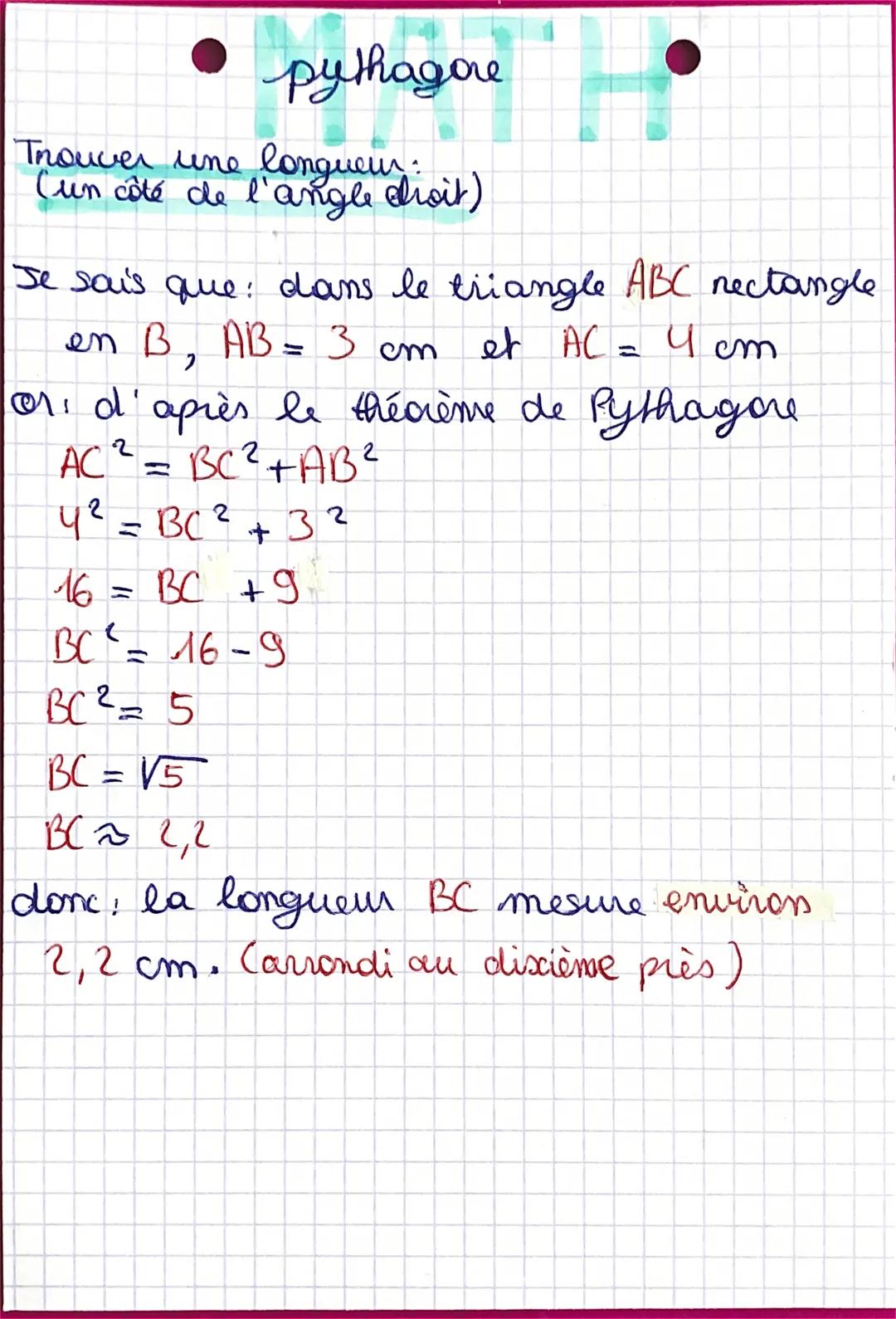 ago H
pythagore
Trouver une longueur:
(I hypothenuse)
Je sais que dans le triangle ABC nectangle en
A, AB = 3 cm et AC
et AC = 41 cm
or: d'a