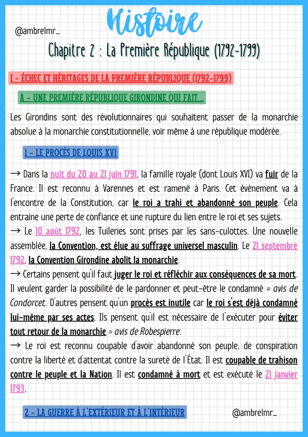 Histoire
Chapitre 2 : La Première République (1792-1799)
@ambrelmr_
I- ÉCHEC ET HÉRITAGES DE LA PREMIÈRE RÉPUBLIQUE (1792-1799)
A - UNE PREM