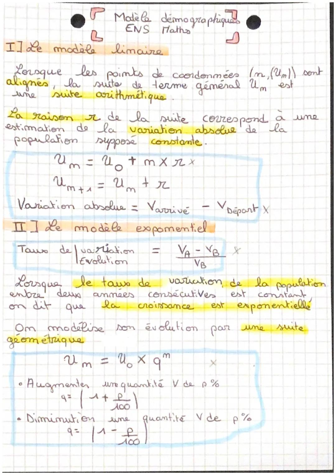 I] Le modèle linaire
P Modele démographiques
L
ENS Maths
Lorsque les points de coordonnées In (Um)) sont
alignés, la suite de terme général 