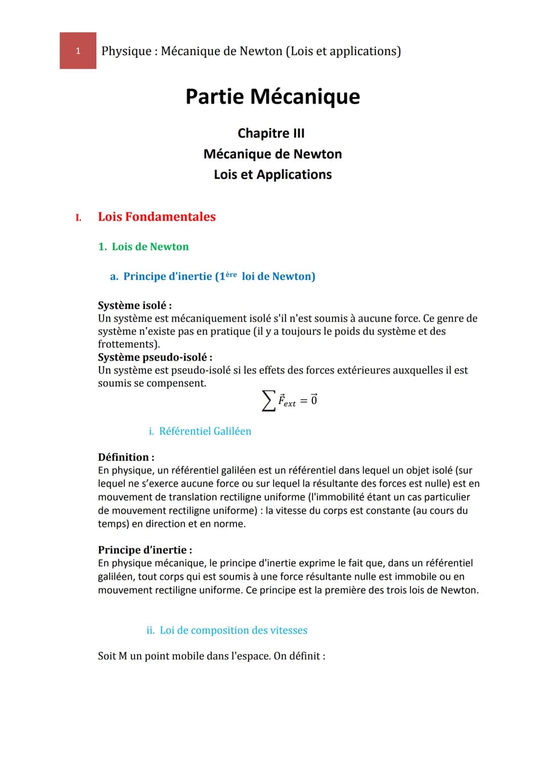 1
I.
Physique : Mécanique de Newton (Lois et applications)
Partie Mécanique
Chapitre III
Mécanique de Newton
Lois et Applications
Lois Fonda