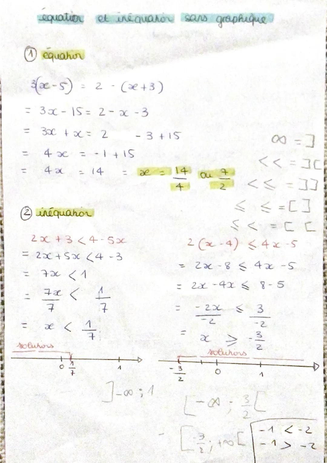 equation et inéquation sans graphique
1 equatir
13(x-5) = 2 - (x+3)
= 3x -15 = 2-x-3
30x + x = 2
4 х
4 x
= -1 +15
= 14 -
(2) inéquation
2x +
