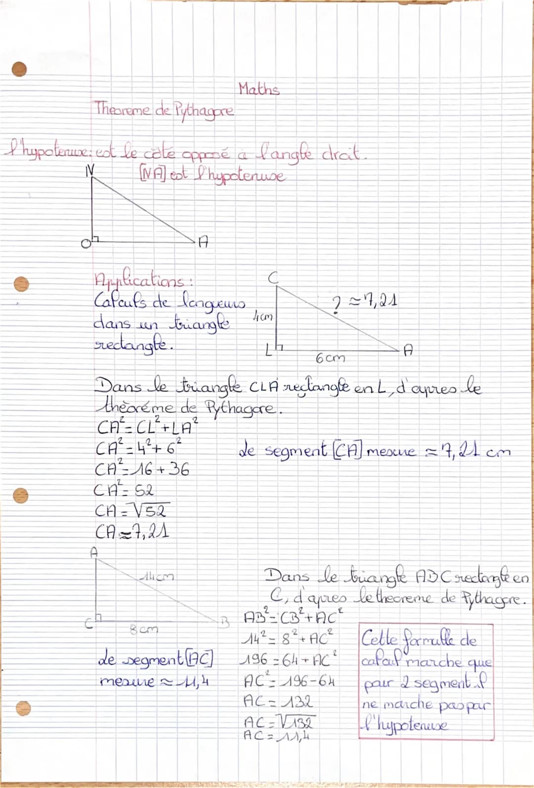 Theoreme de Pythagore
l'hypotenue: est le cale opposé à l'angle drait.
[NA] est l'hypotenuse
IV
Applications:
Calculs de longueurs
dans un t