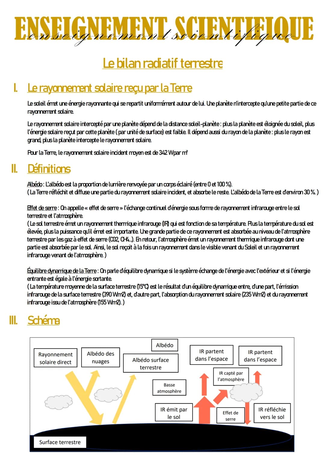 ENSEIGNEMENT SCIENŢIEIQUE
I. Le rayonnement solaire reçu par la Terre
Le soleil émet une énergie rayonnante qui se repartit uniformément aut