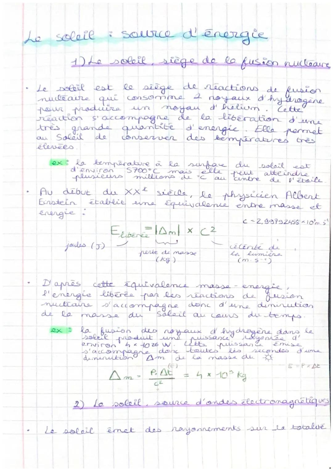Le soleil
: source d'énergie

1) he soleil, siège de la fusion nucleaire

- Le soleil est le siège de reactions de fusion
nucléaire qui cons