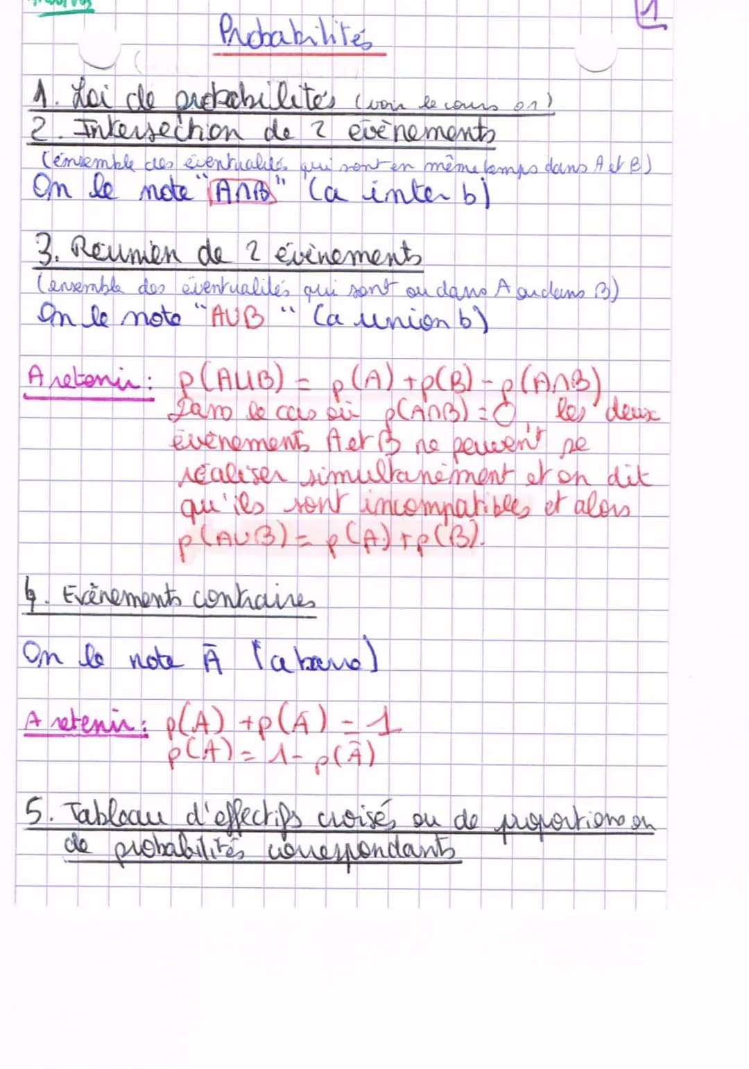 Probabilites
1. Loi de probabilite's won le cours on)
2. Intersection de 2 evenements
(ensemble des eventualités qui sont en même temps dans
