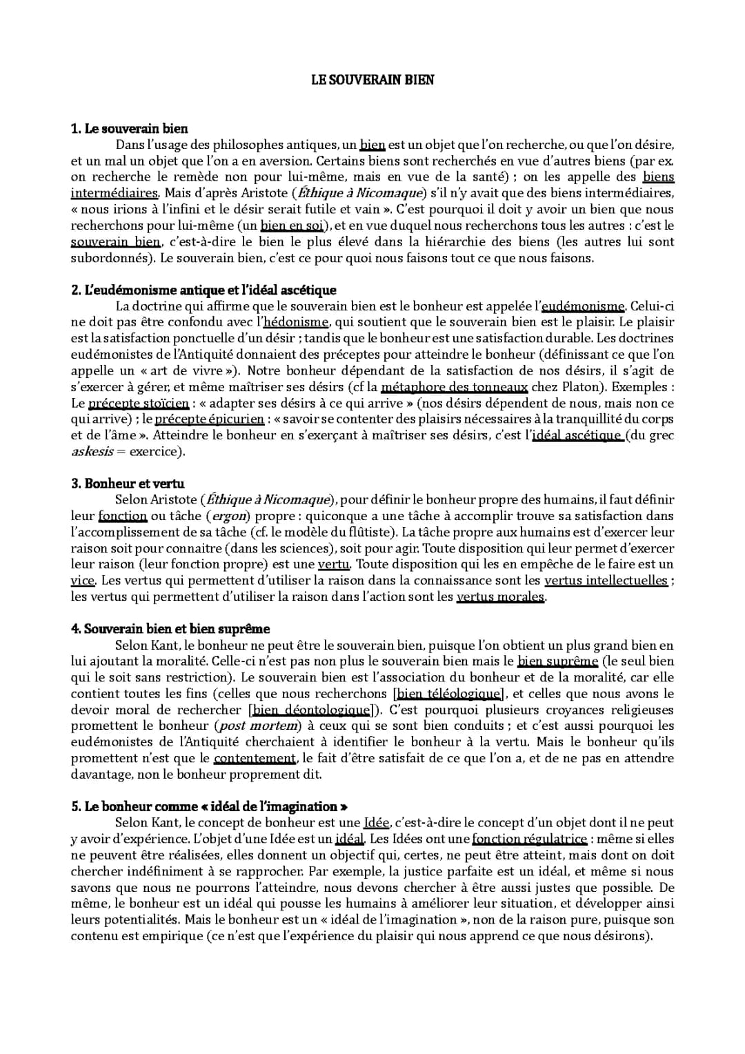 Le Souverain Bien: Kant, Aristote, Épicure, Définition et Bonheur