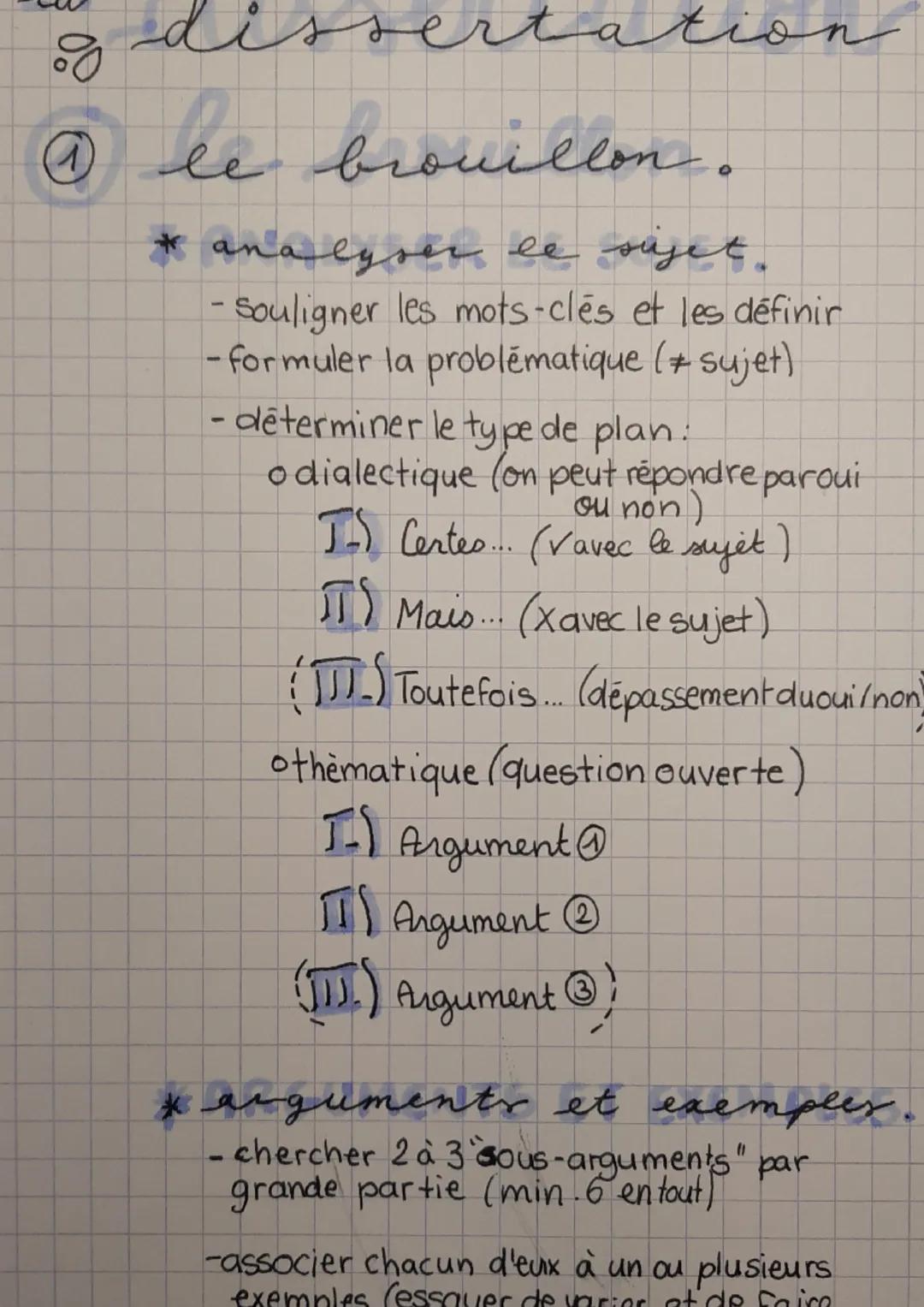 dissertation
8
① le brouillon.
1
* analyser le sujet.
- Souligner les mots-clés et les définir
- formuler la problēmatique (≠ sujet)
- déter