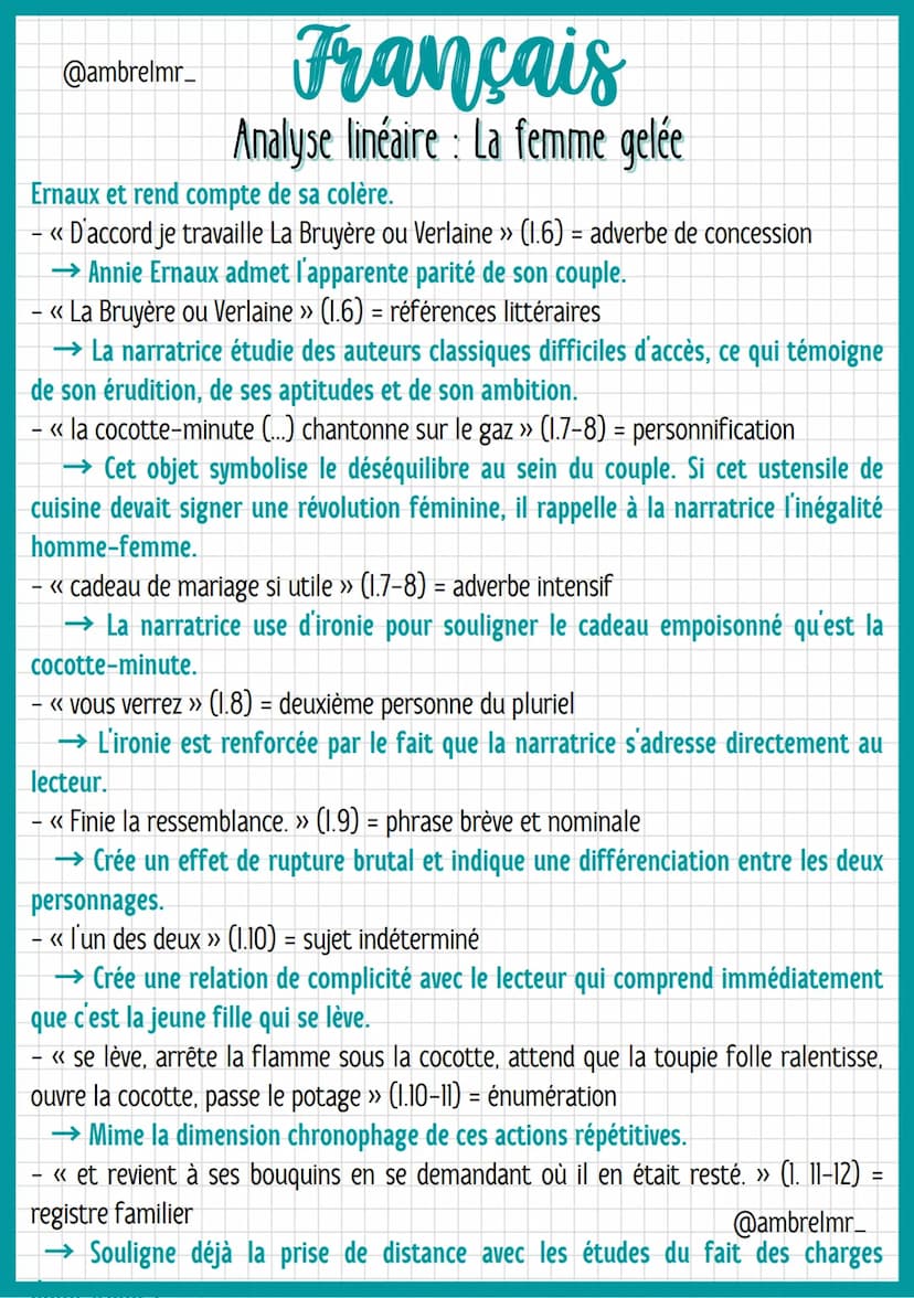 @ambrelmr_
Français
Analyse linéaire: La femme gelée
INTRODUCTION
Présentation du texte :
→ Auteur : Annie Ernaux est une écrivaine du XXIe 