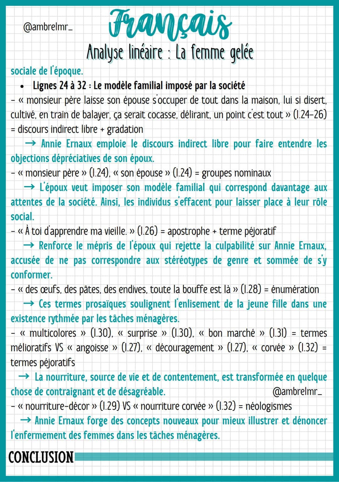 @ambrelmr_
Français
Analyse linéaire: La femme gelée
INTRODUCTION
Présentation du texte :
→ Auteur : Annie Ernaux est une écrivaine du XXIe 