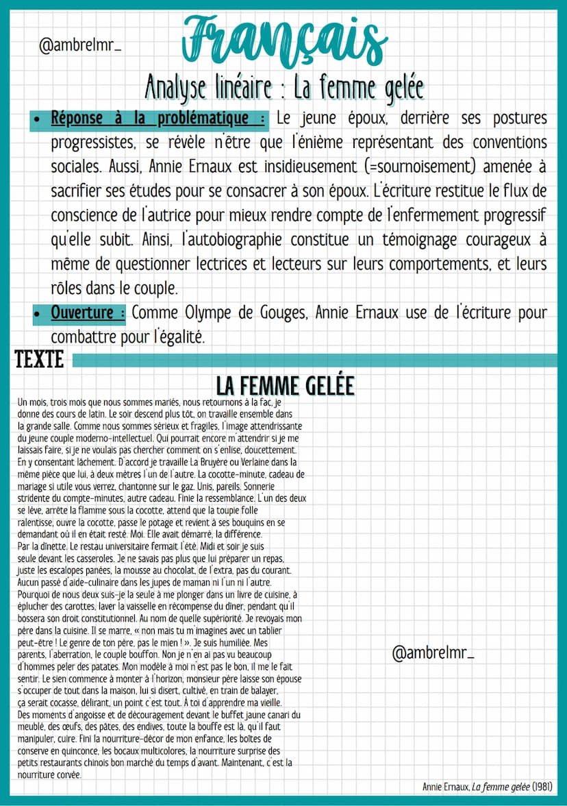 @ambrelmr_
Français
Analyse linéaire: La femme gelée
INTRODUCTION
Présentation du texte :
→ Auteur : Annie Ernaux est une écrivaine du XXIe 