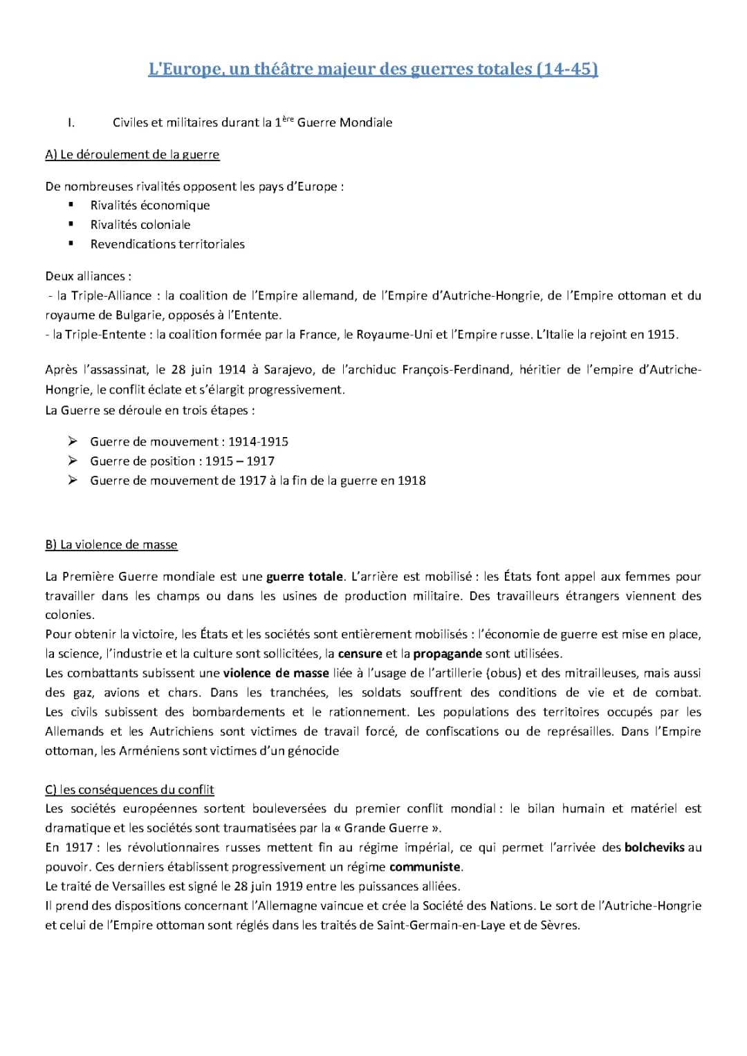 Guerres Européennes et Mondiales (1914-1945) - PDF, Résumé et Cours