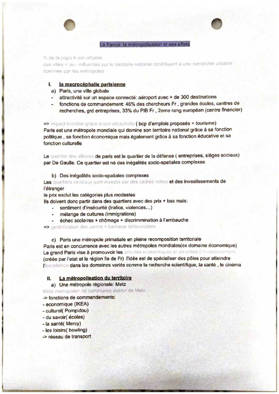 La france la métropolisation et ses effets
% de la popu fr est urbaine
ces villes + ou - influentes sur le territoire national contribuent à