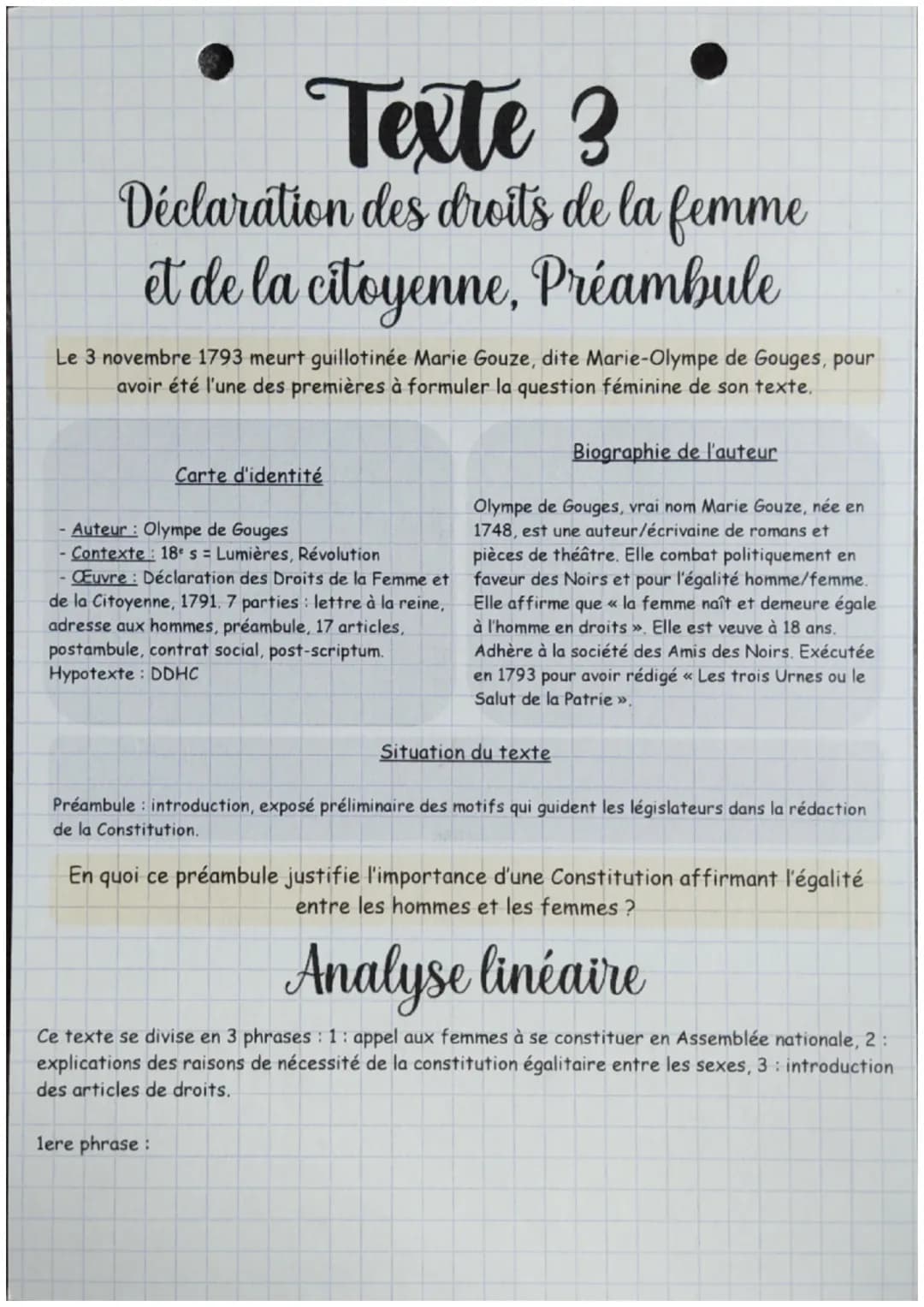 Texte ?
Déclaration des droits de la femme
et de la citoyenne, Préambule
Le 3 novembre 1793 meurt guillotinée Marie Gouze, dite Marie-Olympe