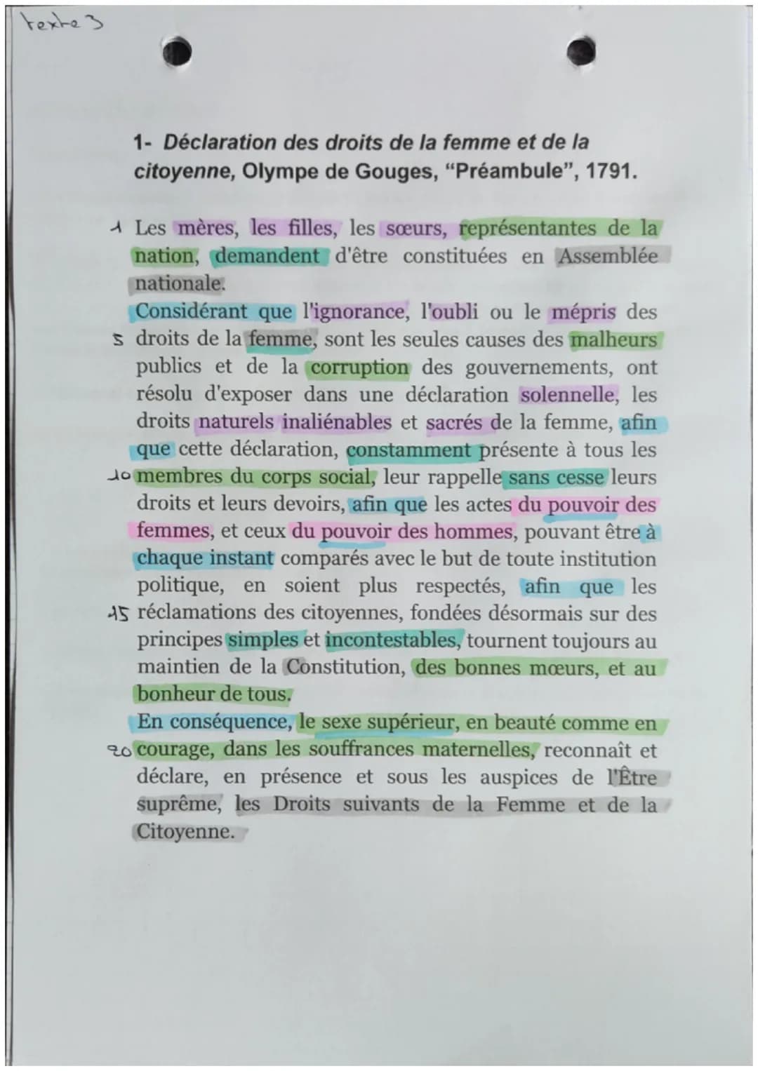 Texte ?
Déclaration des droits de la femme
et de la citoyenne, Préambule
Le 3 novembre 1793 meurt guillotinée Marie Gouze, dite Marie-Olympe