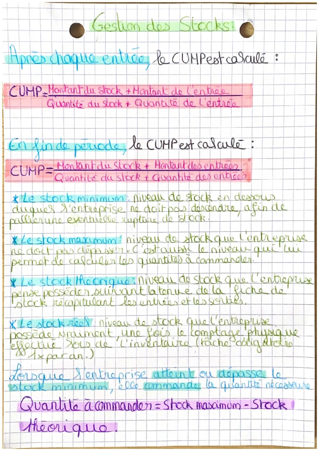 Gestion des Stocks.
Après chaque entrée, le CUMPest calculé :
CUMP-Montant du stock + Montant de l'entrée
Quantité du stock + Quantité de l'