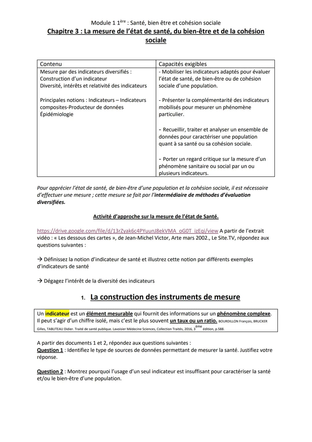 Module 1 1ère: Santé, bien être et cohésion sociale
Chapitre 3 : La mesure de l'état de santé, du bien-être et de la cohésion
sociale
Conten