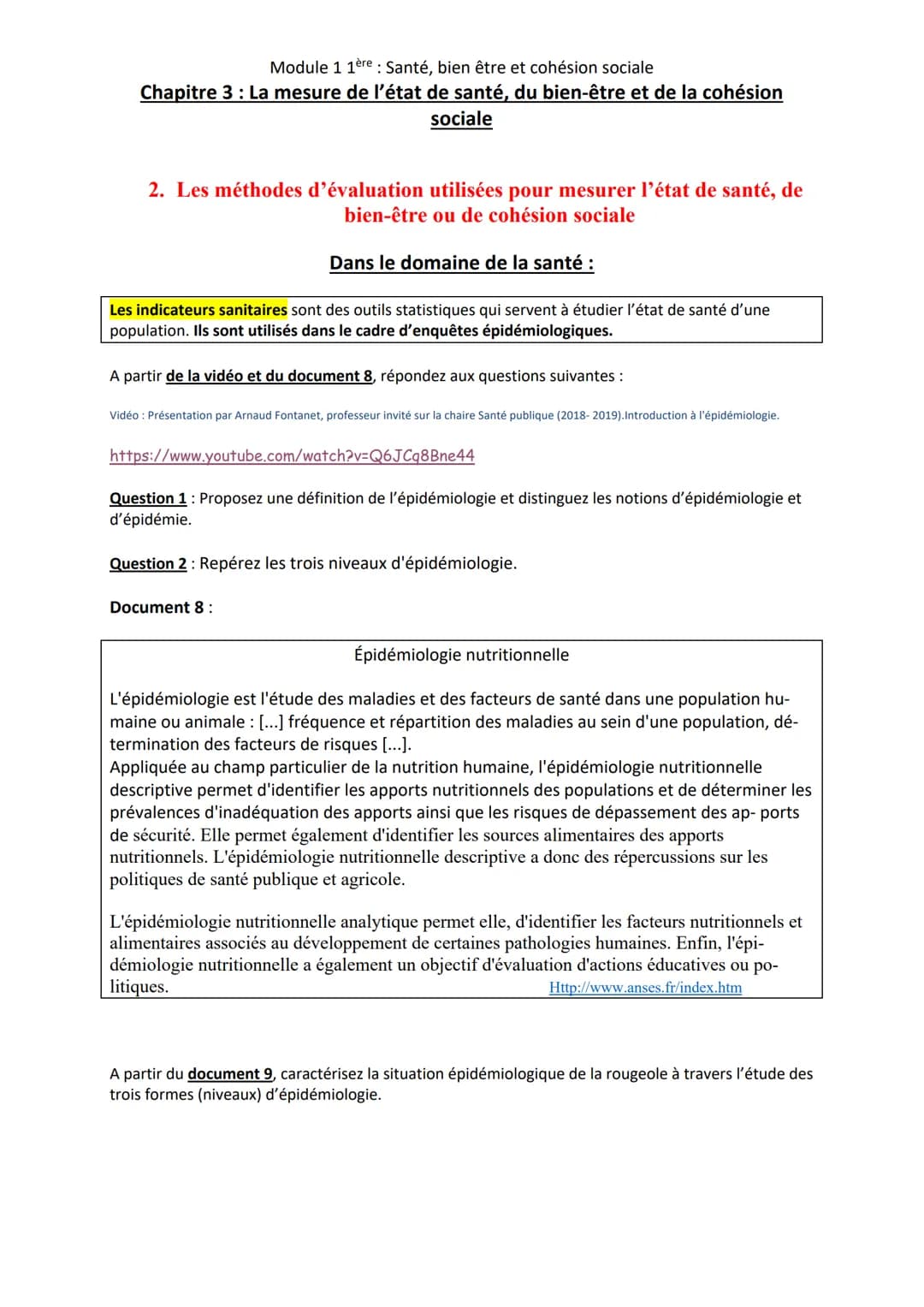 Module 1 1ère: Santé, bien être et cohésion sociale
Chapitre 3 : La mesure de l'état de santé, du bien-être et de la cohésion
sociale
Conten