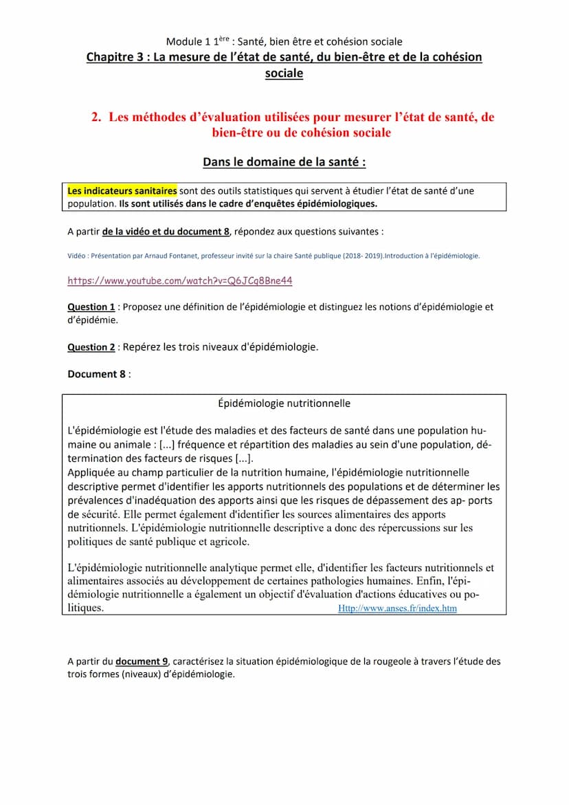 Module 1 1ère: Santé, bien être et cohésion sociale
Chapitre 3 : La mesure de l'état de santé, du bien-être et de la cohésion
sociale
Conten