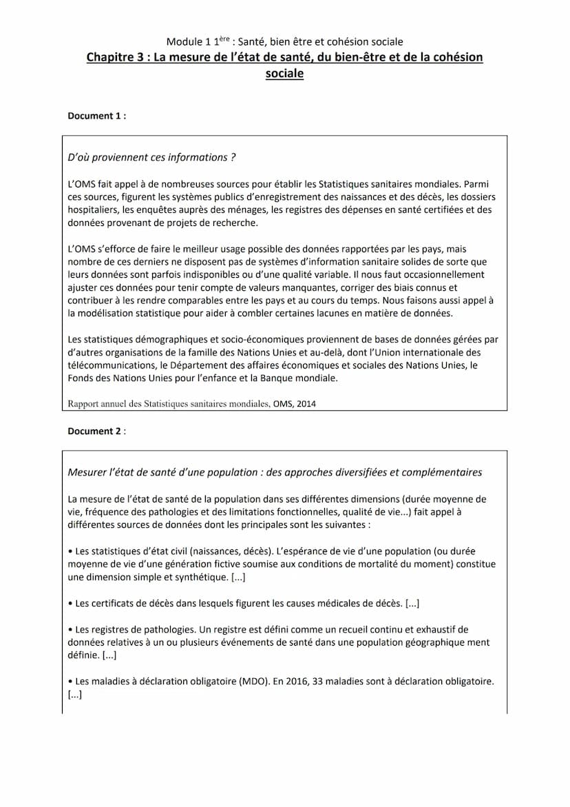 Module 1 1ère: Santé, bien être et cohésion sociale
Chapitre 3 : La mesure de l'état de santé, du bien-être et de la cohésion
sociale
Conten