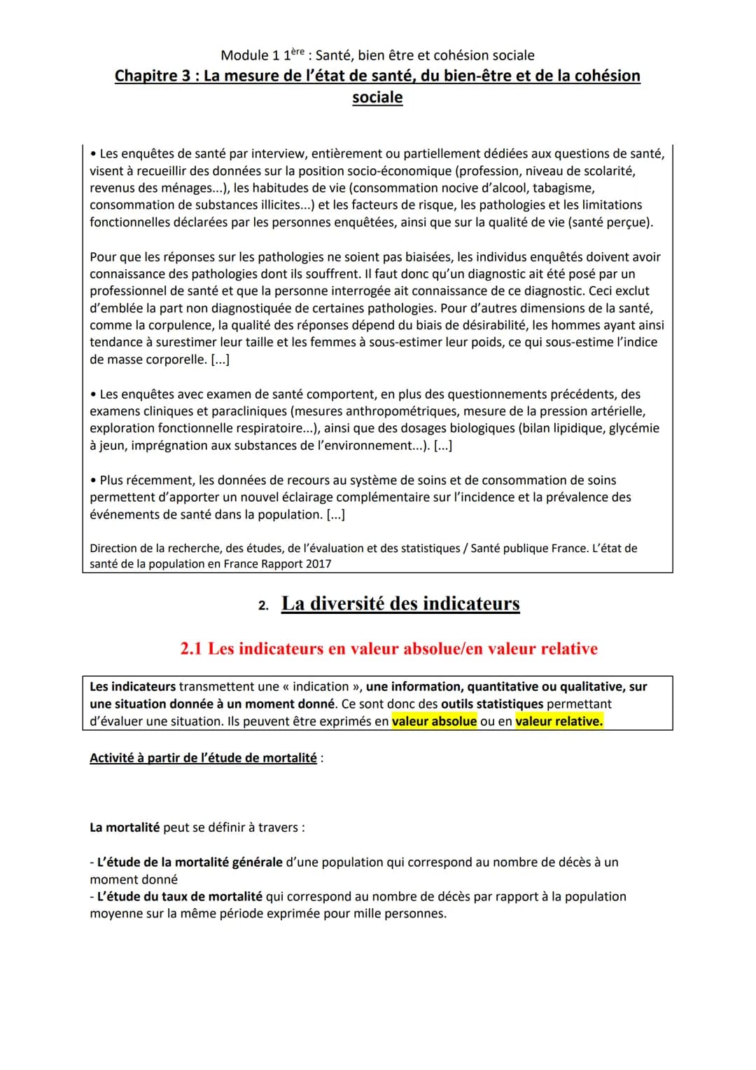 Module 1 1ère: Santé, bien être et cohésion sociale
Chapitre 3 : La mesure de l'état de santé, du bien-être et de la cohésion
sociale
Conten