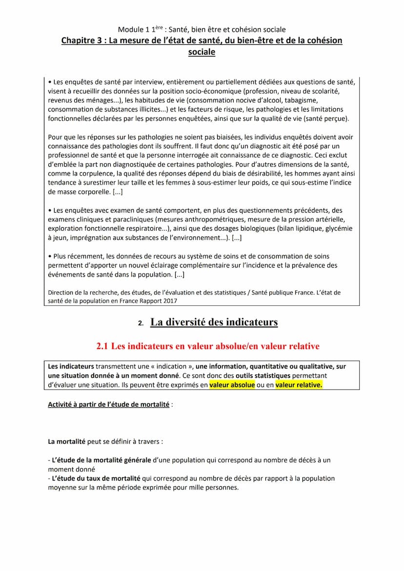 Module 1 1ère: Santé, bien être et cohésion sociale
Chapitre 3 : La mesure de l'état de santé, du bien-être et de la cohésion
sociale
Conten