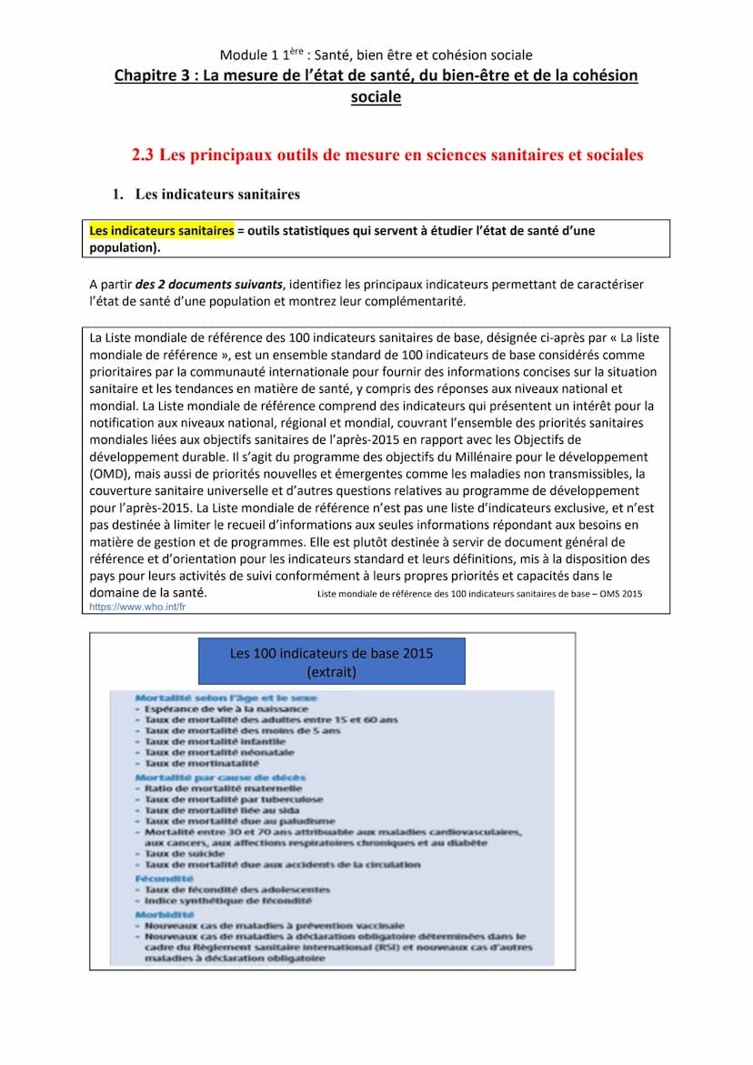 Module 1 1ère: Santé, bien être et cohésion sociale
Chapitre 3 : La mesure de l'état de santé, du bien-être et de la cohésion
sociale
Conten