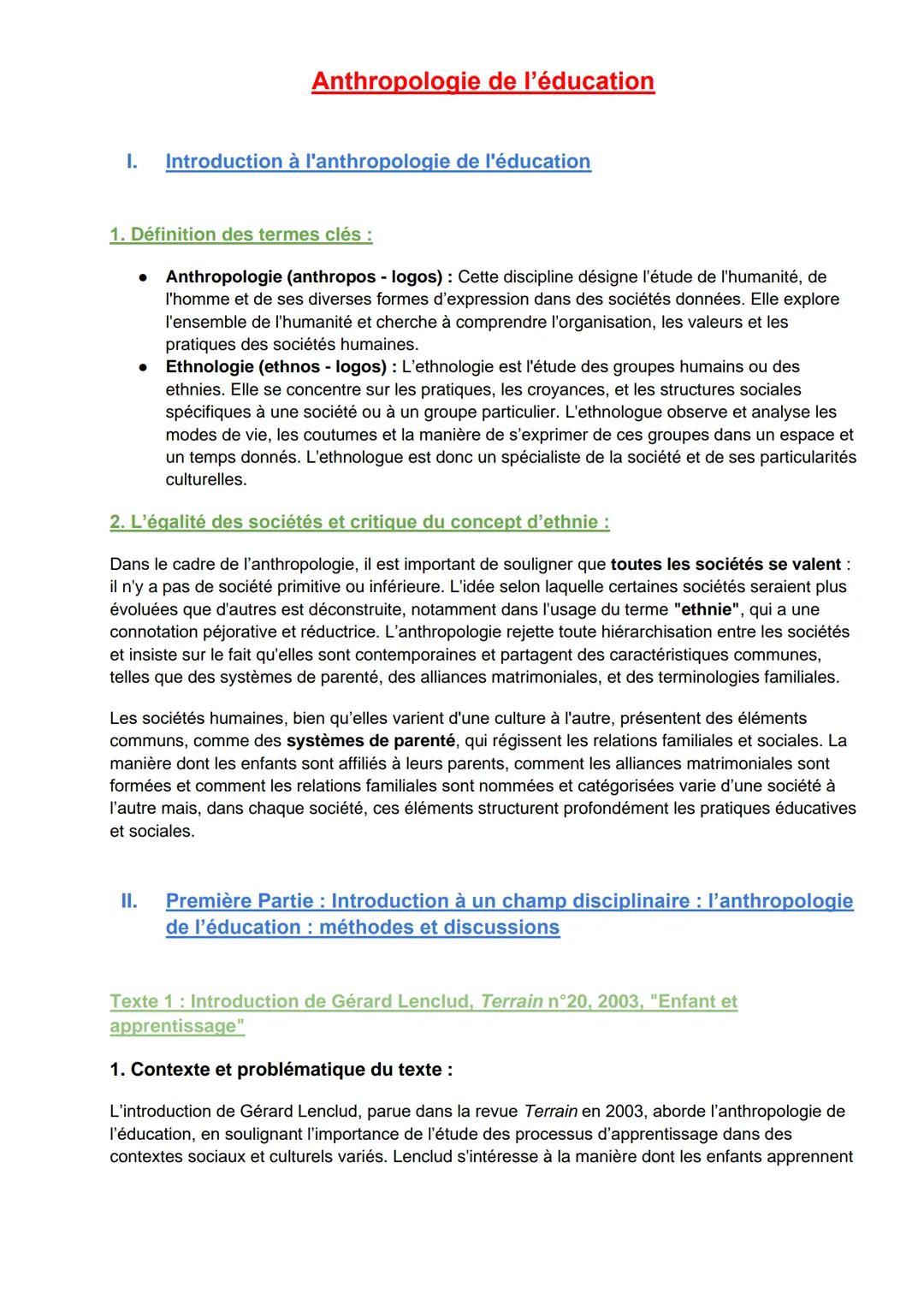 --- OCR Start ---
Anthropologie de l'éducation
1. Introduction à l'anthropologie de l'éducation
1. Définition des termes clés :
• Anthropolo