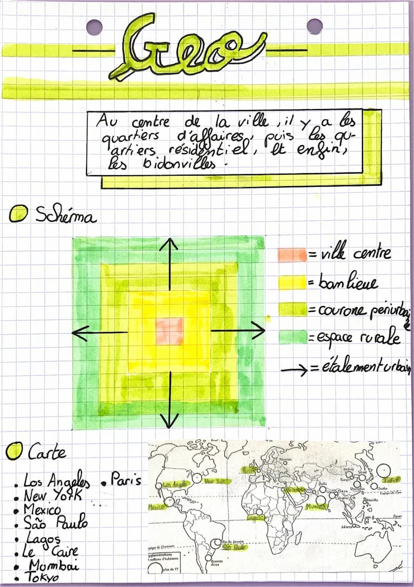 •Geo
Le
urbain
paysage
O Vocabulaire
→ bidonville: quartier dont les habitations
sont fabriquées avec des
materiaux de récupération.
→ CBD: 