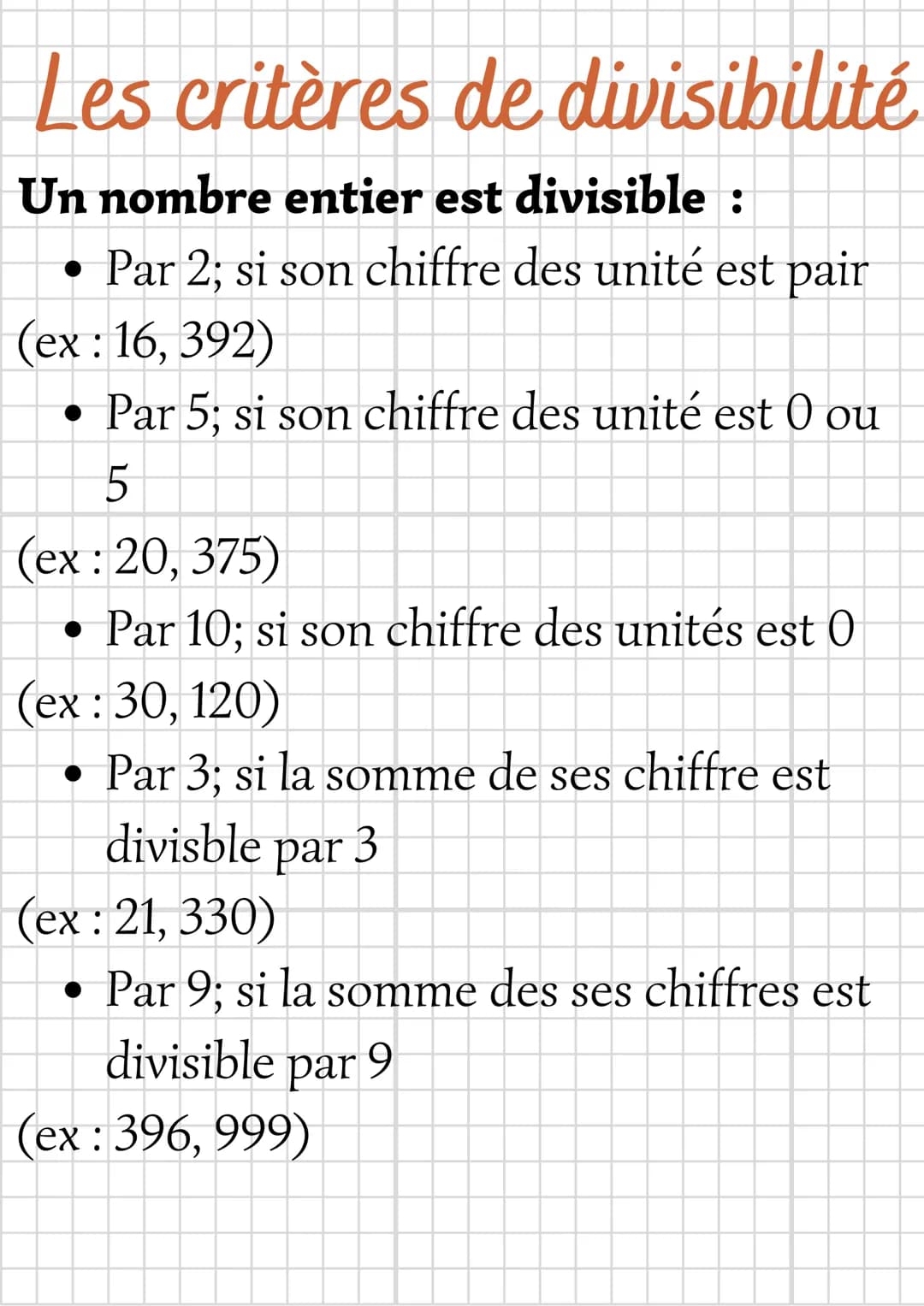 Les critères de divisibilité
Un nombre entier est divisible :
• Par 2; si son chiffre des unité est pair
(ex:16, 392)
• Par 5; si son chiffr