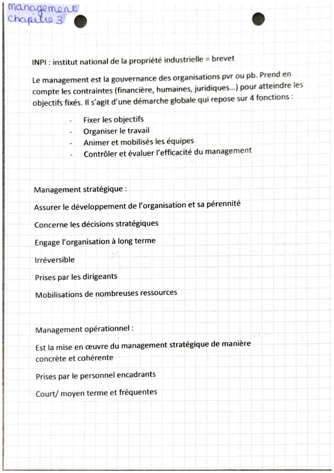 management
Chapitre 3
INPI: institut national de la propriété industrielle = brevet
Le management est la gouvernance des organisations pvr o