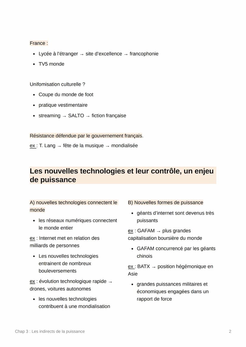 Chap 3: Les indirects de la
puissance
Quelles sont les enjeux de la puissance liés à la langue et la
culture ?
La langue et culture, marqueu