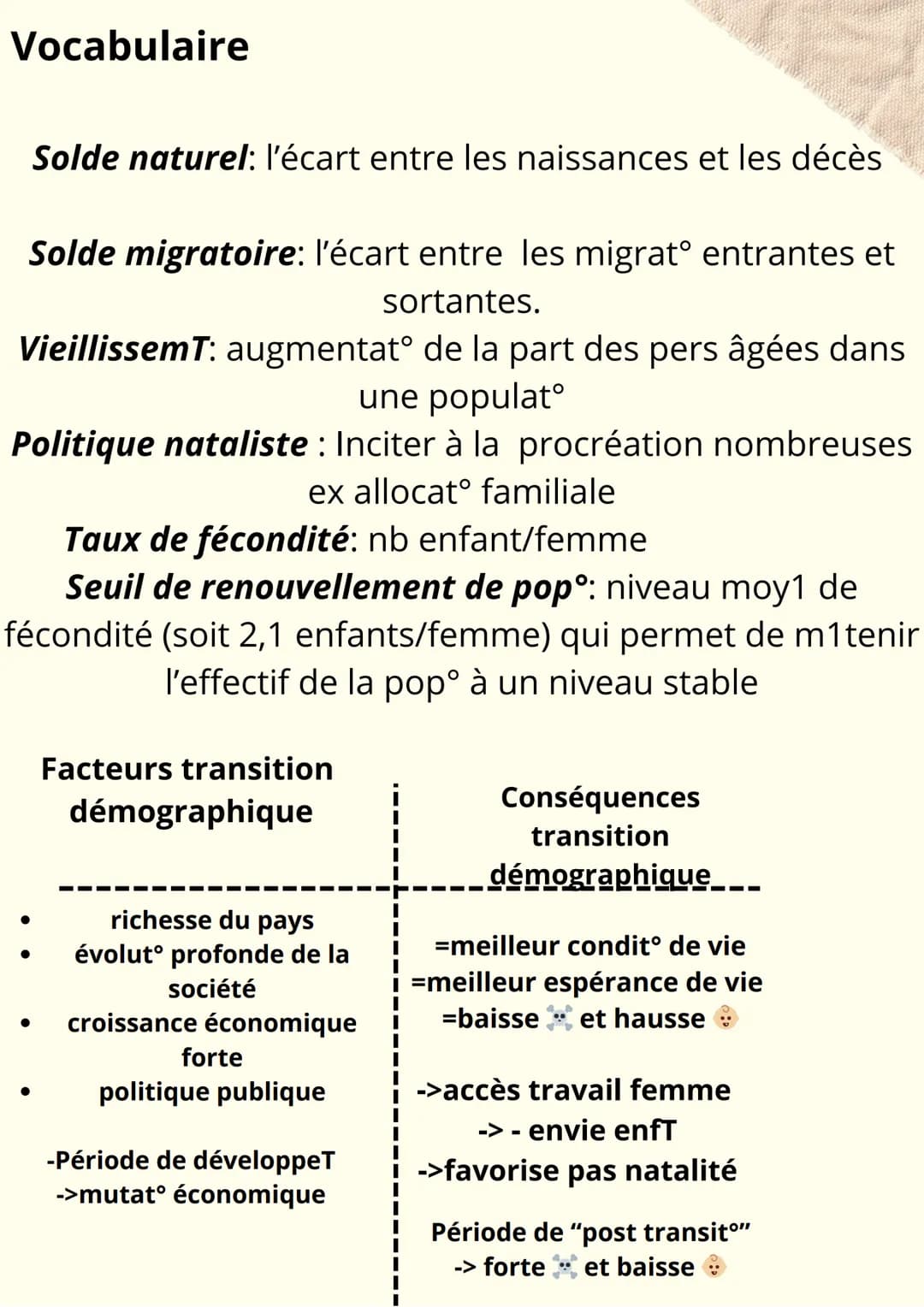 géographie
Notions
Démographie :l'étude del a populatº. Cette science étudie notamment les
variatº de la populatº dans et entre les territoi