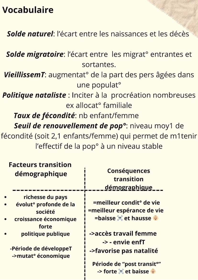 géographie
Notions
Démographie :l'étude del a populatº. Cette science étudie notamment les
variatº de la populatº dans et entre les territoi