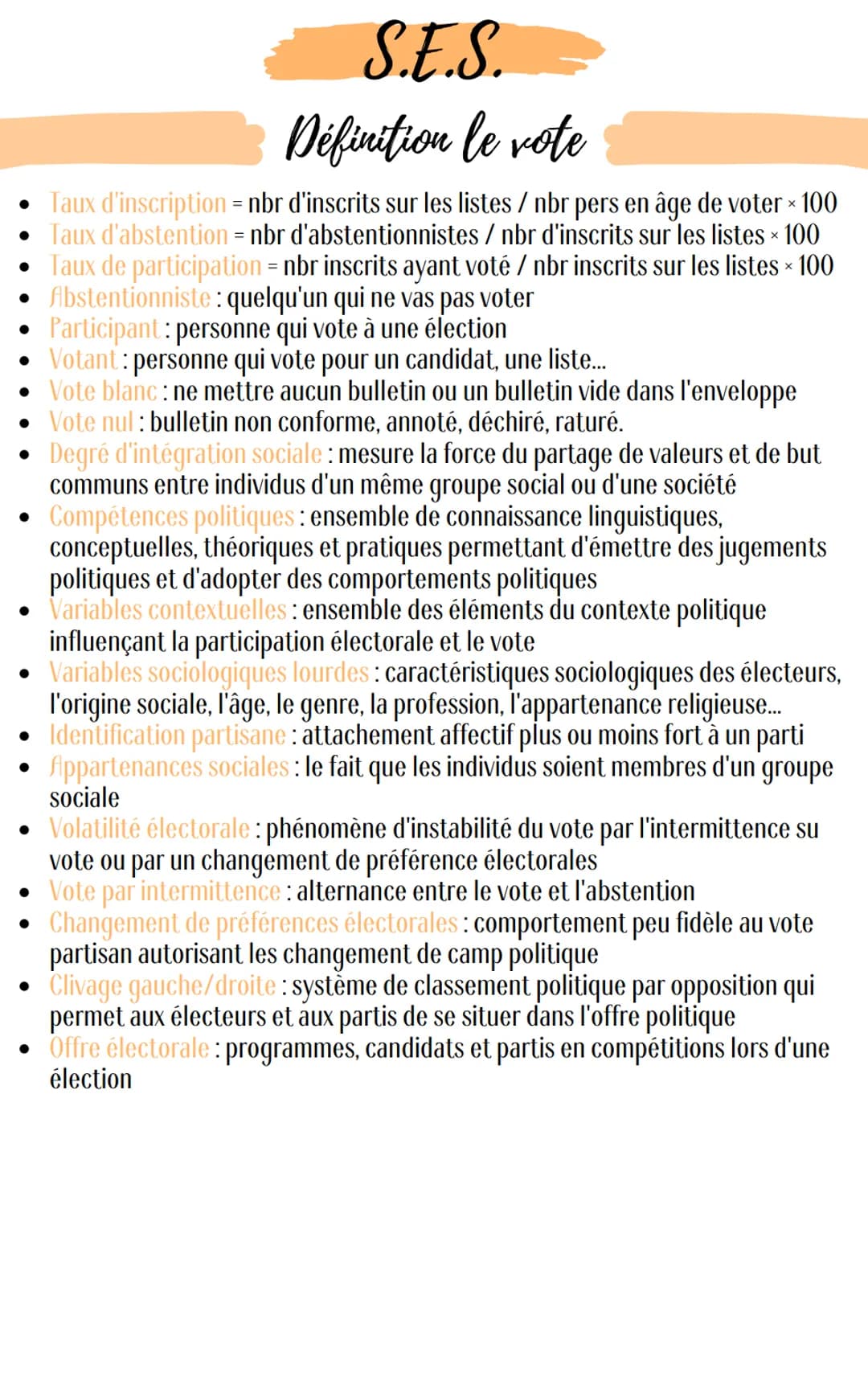 S.E.S.
Définition le vote
X
• Taux d'inscription = nbr d'inscrits sur les listes / nbr pers en âge de voter × 100
Taux d'abstention = nbr d'